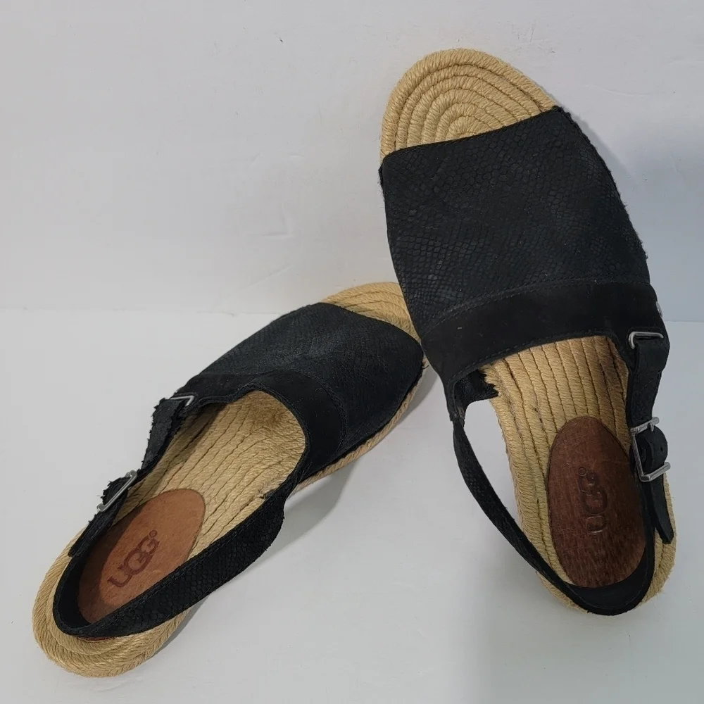 UGG Isadora Black Leather Snakeskin Slink Back Espadrille Sandals Women Sz 5.5